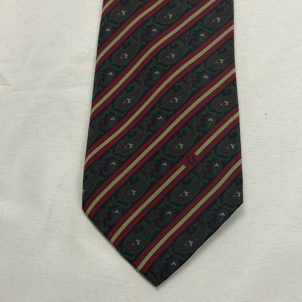 Christian Dior Necktie Mens 58x3.25 Red Green Paisley Striped Silk Italy Vintage